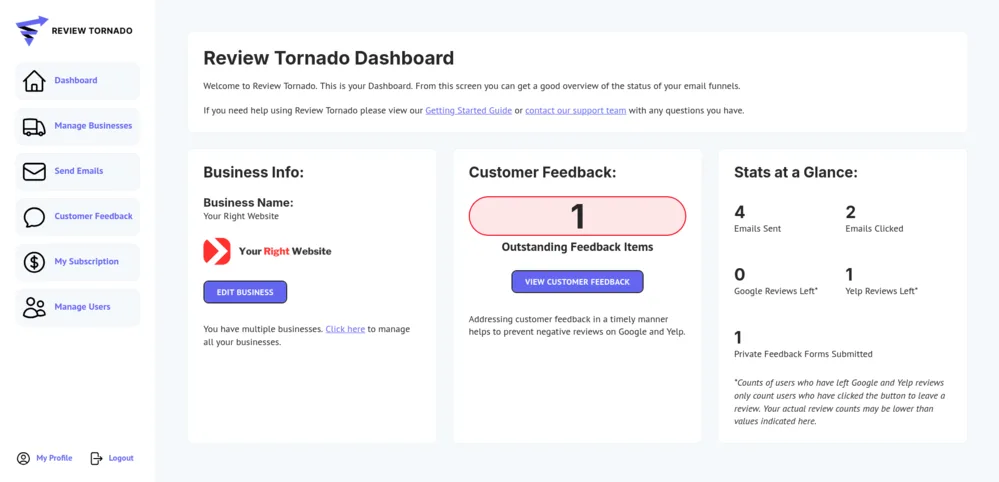 A screenshot of the Review Tornado dashboard.